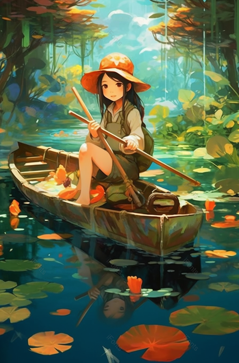 夏天夏至草帽连衣裙女孩在水面上划船唯美小清新插画,插画/手绘图,插画/手绘图库,插画/手绘图下载,插画/手绘